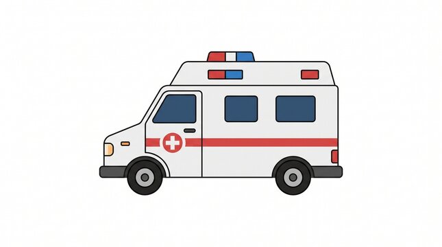 Simple Flat Line Art Cartoon Ambulance Emergency Vehicle Isolated on White Background