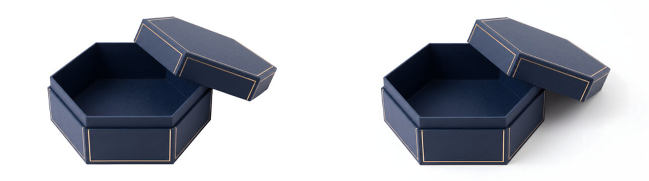 Hexagonal gift box mockup in matte navy blue with tilted lid and thin gold line trim around the panels ready for luxury brand packaging on white background