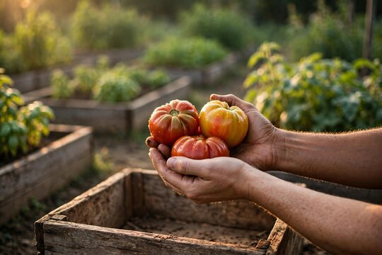 Hands cupping fresh heirloom tomatoes over harvest crate in garden