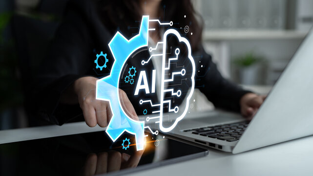 Concept of Artificial Intelligence combining industrial automation with cognitive technology. A machine learning brain processes information to optimize mechanical systems and workflows. Fermion