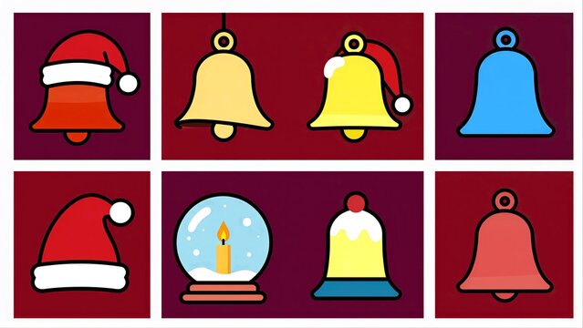 Red Santa hats and bells with a snow globe, festive holiday icons.