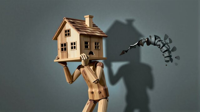 Wooden figure with house head, startled by shadowy spinal cord creature.