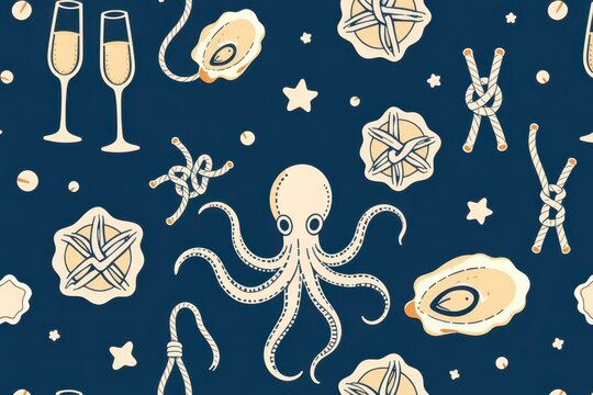 Nautical-themed pattern featuring octopus, tied ropes, oysters, starfish, and champagne glasses on a dark blue background.