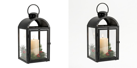 Black arched top metal lantern with a lit candle surrounded by holly and red berries shown as an isolated PNG transparent background © Graphen