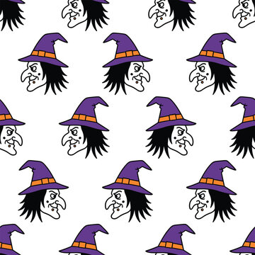 Halloween witch pattern with spooky face illustration.