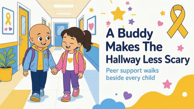 Animation of children walking in school hallway cancer awareness