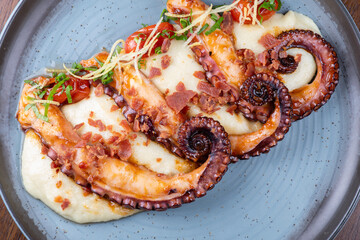 Close-up of a gourmet dish featuring cooked octopus tentacles served with creamy mashed potatoes. © mario
