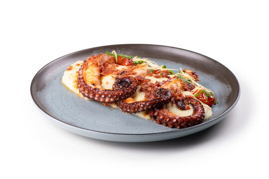 Angled view of a wonderful gourmet dish featuring three tentacles of cooked octopus served with vegetable-infused mashed potatoes, isolated on a transparent background.