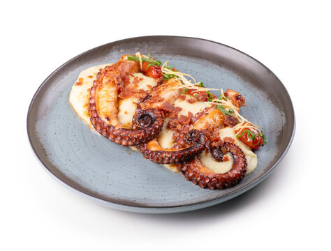 Angled view of a succulent gourmet dish featuring three tentacles of cooked octopus served with creamy mashed potatoes and vegetables; transparent background.