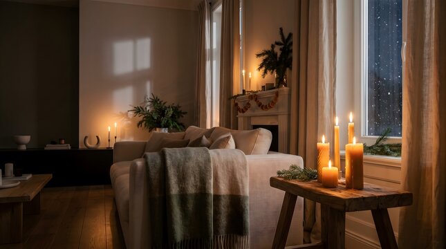 Dim, candlelit photo of a cozy living room interior with a soft sofa, blankets, potted plants and warm wooden tones in the evening. Realistic lifestyle photo for hygge, relaxation, home decor