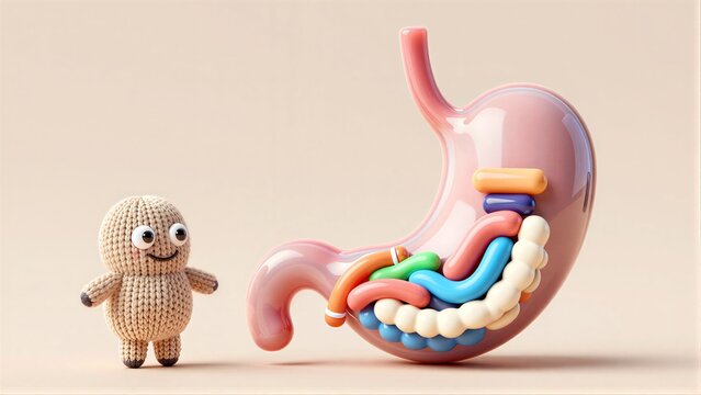 Knitted friend stands beside colorful, cartoonish digestive tract model.
