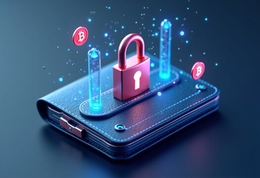 3D Digital Crypto Wallet Icon with Security Padlock and Blockchain Coin Symbols