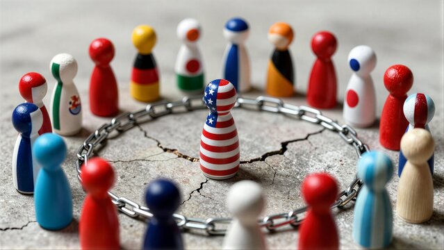 Global leaders in chains, symbolizing trade tensions and geopolitical isolation.