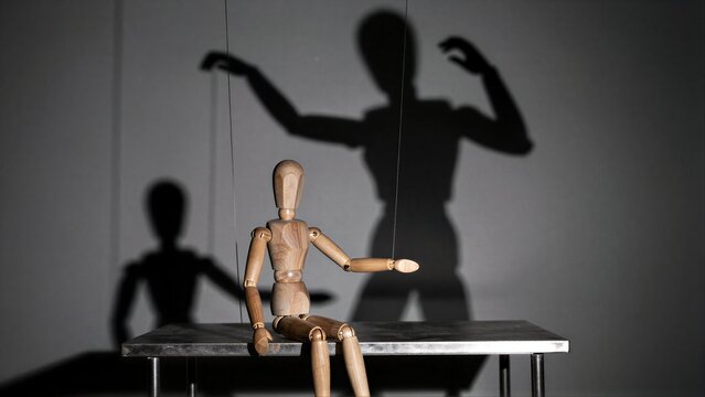 Wooden puppet sits on table, shadowed by a.