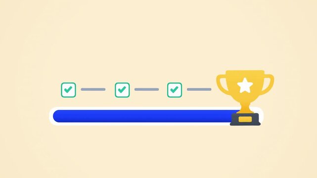 Golden trophy moves across a filling blue progress bar as three milestone checkmarks appear on a light beige background, illustrating achievement, goal tracking and successful completion