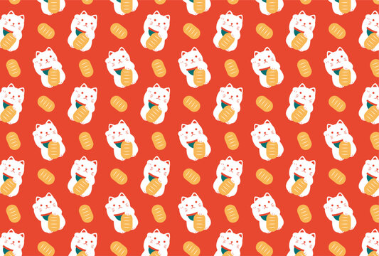 seamless pattern with Japanese Lucky Cat Maneki Neko and golden coins