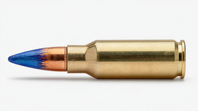 Single blue tipped rifle cartridge isolated on a plain background