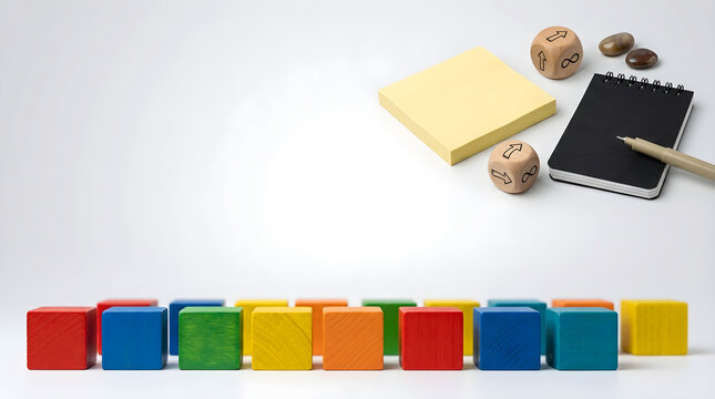 Colorful modular blocks aligned in agile formation with project management tools, concept for teamwork, productivity, and strategic planning solutions