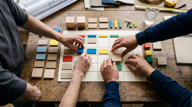 Collaborative hands assembling colorful modular blocks on wooden surface, concept for agile project management, teamwork, and strategic planning in modern business environments