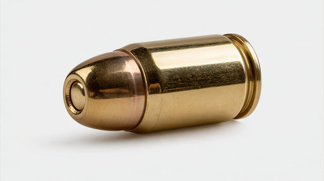 Single brass pistol bullet cartridge isolated on a white background