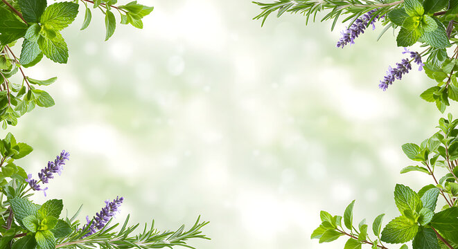 Fresh Mint, Lavender, and Rosemary Frame on Soft Bokeh Background