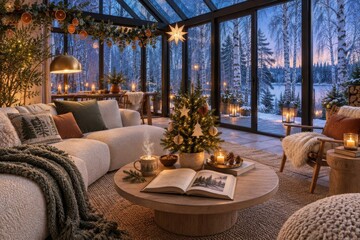 Fototapeta premium Cozy Christmas living room overlooking a snowy winter forest