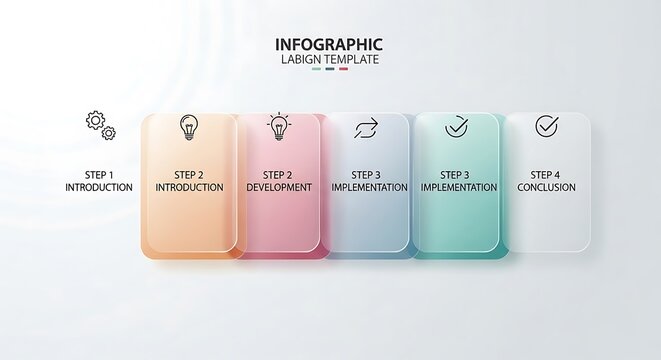Infographic template with five vertical rectangular glass-morphism panels, featuring pastel color gradients, thin line icons, and text labels for a four-step business process