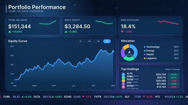 Investment Portfolio Performance Dashboard with Real-Time Financial Data Updates and Stock Market Ticker on Dark Background