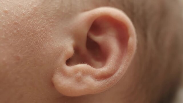 Detailed close-up of a newborn baby's soft ear showing delicate skin texture and infant anatomical features