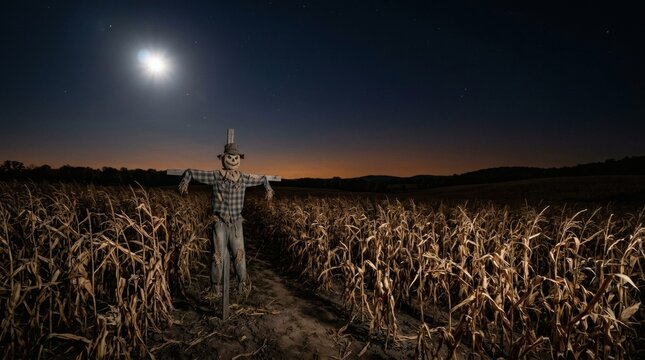 Lone Scarecrow Moonlit Cornfield Dramatic Wide Shot No Text

