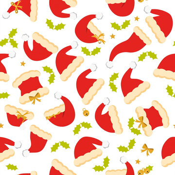 Tossed Santa hats seamless Christmas pattern flat vector