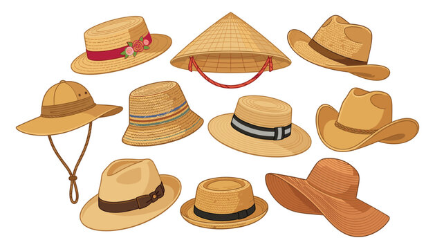 PrintVector set of various straw and summer hats including cowboy fedora conical panama safari and beach sunhat collection isolated on white background