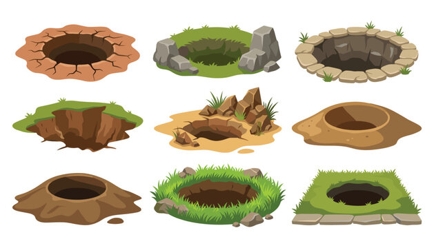 Vector set of various ground holes including cracked earth grassy pits rocky craters well and deep holes isolated on white background