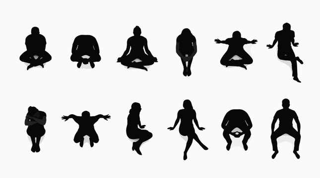 Various people sitting in different postures viewed from above displaying diverse human forms and physical shapes across a graphic collection of dark figures arranged neatly on a surface