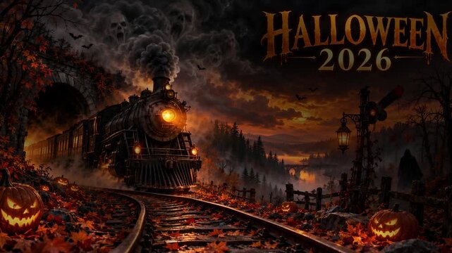 Spooky Halloween train emerging from a dark tunnel with jack-o-lanterns and autumn leaves perfect for holiday invitations and decorations