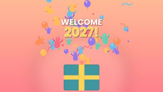 A vibrant illustration welcoming the year 2027 with a gift box resembling the Swedish flag and colorful floating festive elements.