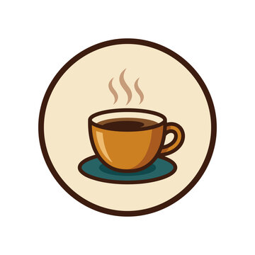 Minimalist steaming coffee cup icon within a circular frame.
