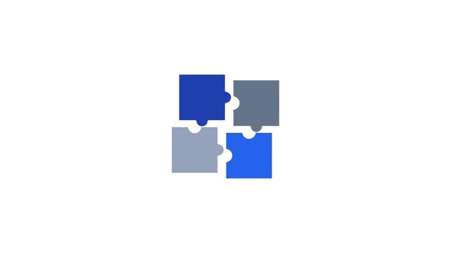 Four puzzle pieces, two blue and two grey, interlocked to form a complete square on a white background, symbolizing connection and integration.
