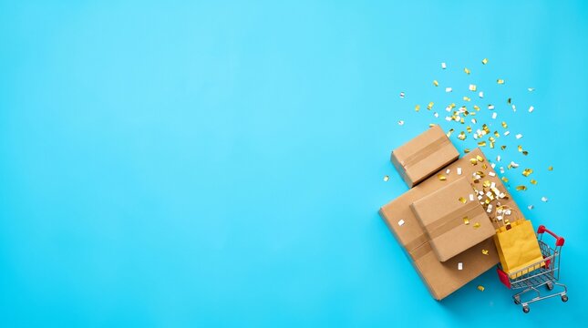 Cardboard parcels and shopping cart with gold confetti on blue
