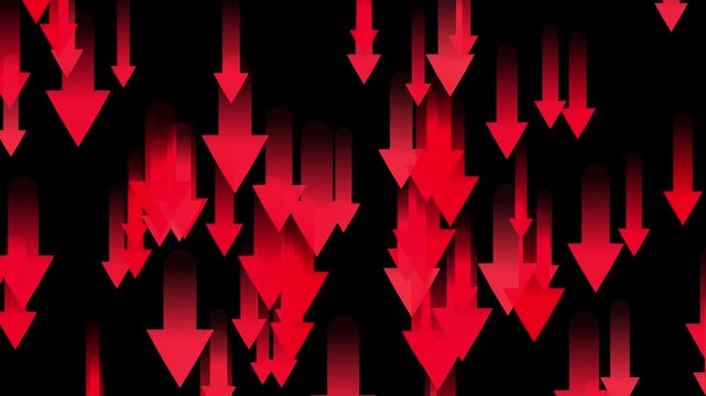 Animated Red Downward Arrows with Motion Trails and Financial Market Decline Background
