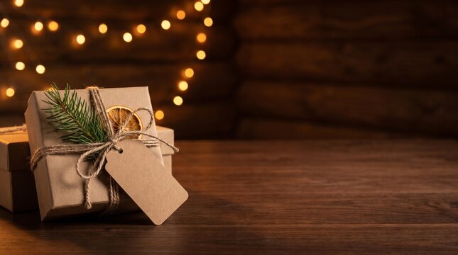 Kraft gift boxes with twine, pine and dried orange on wooden table