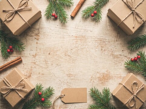 Rustic Christmas flat lay of kraft gift boxes, pine and cinnamon