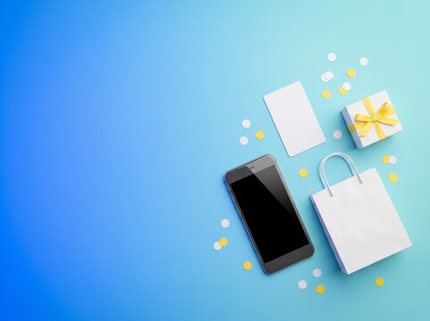 Smartphone, blank card, shopping bag and gift box on blue background