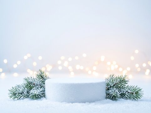 White snow podium with frosted pine branches and glowing winter lights