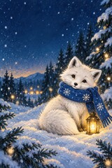 Obraz premium Adorable arctic fox with lantern in snowy winter forest