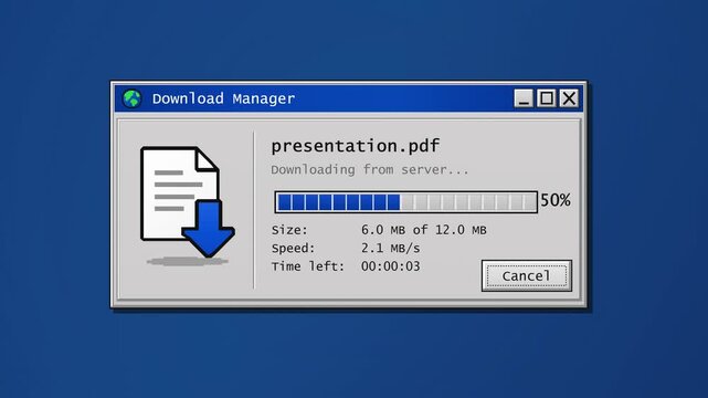 Retro computer download manager window shows a presentation file transferring from a server as a blue progress bar fills to 100 percent on a classic desktop background