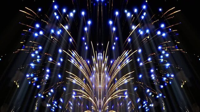 Massive wall of blue pyrotechnics exploding together, stadium seamless vj loop for opening ceremonies and big shows