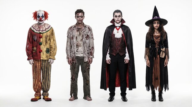 Group of friends in Halloween costumes standing against a white background
