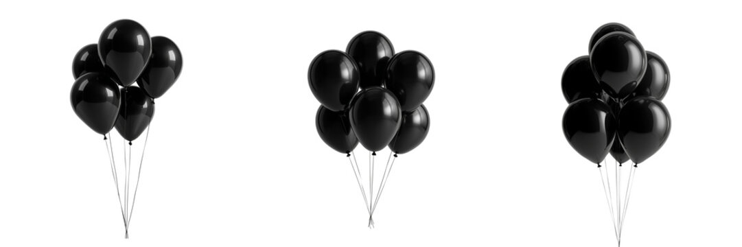 Set of Several glossy black balloons clustered together with long strings on transparent png background. Ai generated