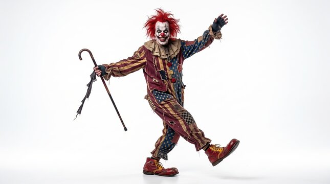 Clown with cane performing spooky dance on plain background with copy space